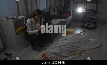 Hispanic woman detective investigates indoor crime scene with body and evidence markers. Stock Photo