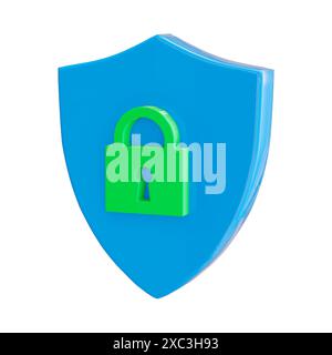 3d Icon safety shield padlock isolated on white background. Blue symbol security minimalistic style. 3d illustration. Stock Photo