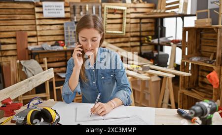 Focused woman talking on phone while taking notes in a woodworking workshop Stock Photo