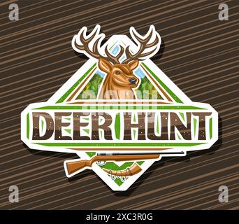 Vector logo for Deer Hunt, cut paper rhomb label with illustration of white-tailed deer head on trees background, decorative vintage signboard for hun Stock Vector