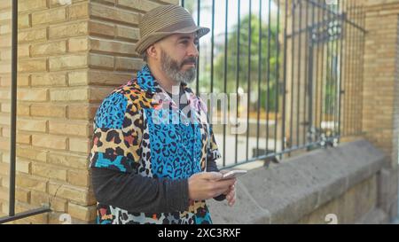 Bearded man in colorful shirt and hat holding phone on city street Stock Photo