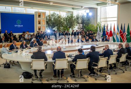 Bari, Italy. 14th June, 2024. Pope Francis speaks at the G7 summit. The heads of state and government from the seven industrialized nations USA, Canada, Great Britain, France, Italy, Germany and Japan meet for their annual summit at the summit venue, the luxury hotel Borgo Egnazia in Apulia. Credit: Michael Kappeler/dpa/Alamy Live News Stock Photo