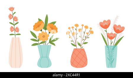 A set of different vases with bouquets. Blooming spring flowers in elegant ceramic vases. Flowers in pastel colors. Stock Vector