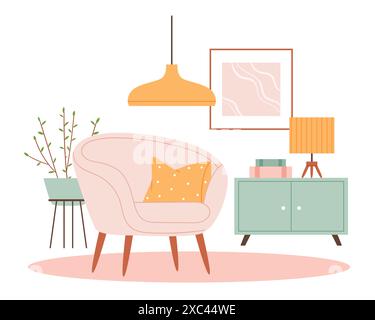 Modern living room Interior in pastel colors in Scandinavian style. Armchair, lamp, chest of drawers, vase. Stock Vector