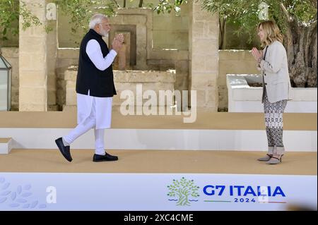 Toasts, . 14th June, 2024. Prime Minister of India Narendra Modi is welcomed by Prime Minister Giorgia Meloni during the G7 Summit in Borgo Egnazia (Brindisi), Italy, June 14, 2024. Credit: Independent Photo Agency/Alamy Live News Stock Photo