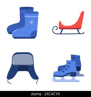 Russian traditional winter symbols flat icon set. Cold weather clothes, ice skate and sleigh icons. Vector illustration. Stock Vector