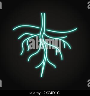Root of a plant neon icon. Keep living roots. Underground root system. Vector illustration. Stock Vector