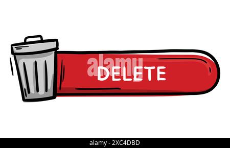 Bright hand draw red button with text delete and trash can icon. Vector element for website, application, design. Stock Vector