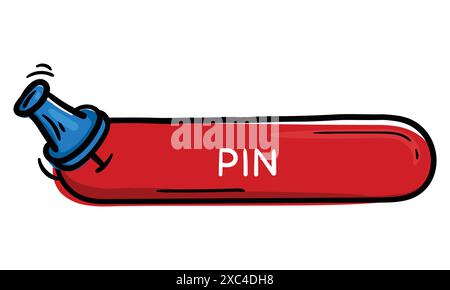 Bright red hand draw button with pin text and pin icon. Vector editable element for website, application, design. Stock Vector