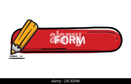 Bright red hand draw button with text shape and pencil icon. Vector editable element for website, application, design. Stock Vector