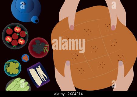 Iftar, ramadan banner with iftar food, flat cartoon vector. Eid mubarak, Ramadan Kareem meal, pita bread and vegetables. Hands holding pita bread. Stock Vector