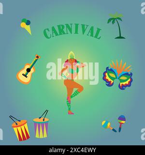 Carnival collection of colorful design. Design for Brazil Carnival. Decorative abstract illustration with colorful doodles. Stock Vector
