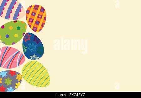 Happy Easter.Set of Easter eggs with different textures on a yellow background.Spring holiday. Vector Illustration isolated. Happy easter eggs. Stock Vector