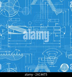 Mechanical engineering drawings on blue background. Tap tools, borer. Technical Design. Cover. Blueprint. Seamless pattern. Vector illustration. Stock Vector