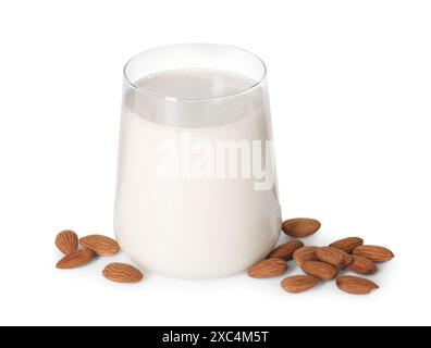 Glass of almond milk and almonds isolated on white Stock Photo