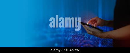 a person interacting with a digital tablet, showcasing a data science concept with abstract red and blue visual elements. The image represents technol Stock Photo