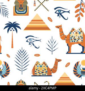 Egypt Travel Pattern with Camels and Pyramids Stock Vector
