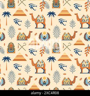 Egypt Travel Pattern with Camels and Pyramids Stock Vector