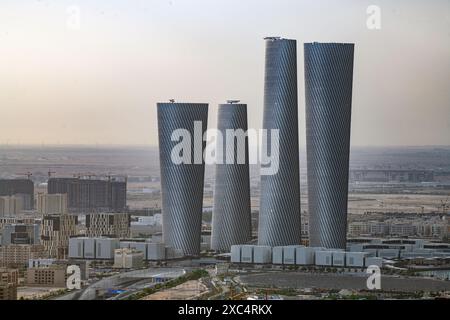 Plaza Tower Lusail Boulevard with Arch Bridge sunset time Stock Photo