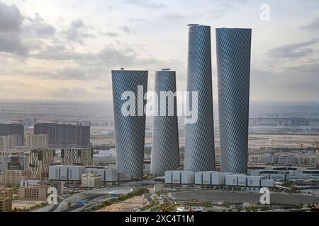 Plaza Tower Lusail Boulevard with Arch Bridge sunset time Stock Photo