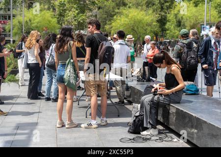 Barcelona, Spain. 14th June, 2024. The campers at Pla&#xe7;a Universitat are holding a press conference to denounce the eviction by the Barcelona City Council this night Los acampados en Plaza Universidad están haciendo una rueda de prensa en repulsa al desalojo por parte del Ayuntamiento de Barcelona esta madrugada. News politics -Barcelona, Spain friday, june 13 2024 (Photo by Eric Renom/LaPresse) Credit: LaPresse/Alamy Live News Stock Photo