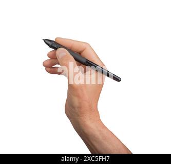 Hand holding stylus pen, signature sign. Business isolated digital graphic using screen. Note device take note record drawing white finger invisible. Stock Photo