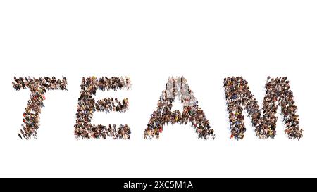 Concept conceptual large community of people forming TEAM word. 3d illustration metaphor for business,  teamwork, management, cooperation or idea Stock Photo