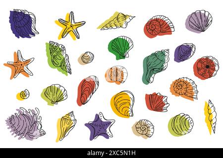 Hand drawn seashells hand drawn summer marine design, elements collection of abstract pastel colors liquid shapes. Vector graphic illustration. Stock Vector