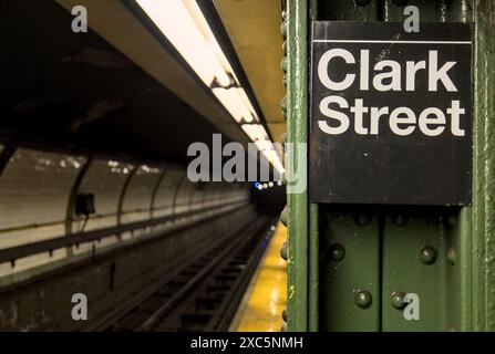 Clark Street sign on subway post in Brooklyn New York metro train ...