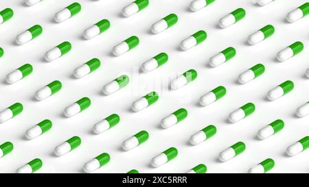 Many white green capsules on white background, tablet grid. Drug, tablet, pills top flat view. 3d render illustration Stock Photo