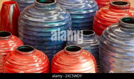 pottery ceramic clay vases group various sizes and colors Stock Photo