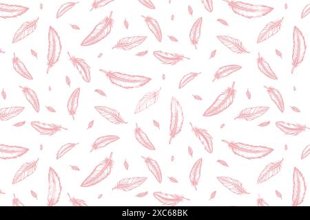 Seamless pattern with pink feathers on a white background. Vector illustrations for textiles and paper. Aerial design for girls Stock Vector