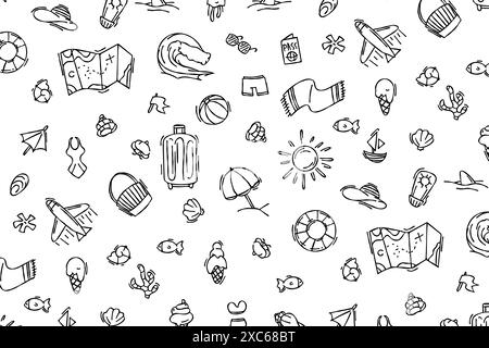 Travel and summer seamless pattern, travel and trip background. Adventure time pattern in hand drawn style, vector sketch elements on repeat pattern. Stock Vector