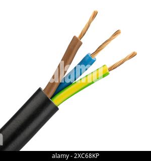 Three colored electrical wires with copper strands exposed Stock Photo