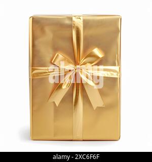 Present wrapped in white paper with red ribbon and bow on a white background Stock Photo