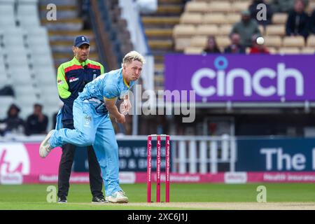 Dom Bess in action bowling taken in Birmingham UK on 14 June 2024 during the Vitality Blast fixture between Warwickshire Bears & Yorkshire Vikings,  a Stock Photo