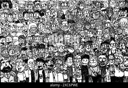 Doodle people pattern. Hand drawn male and female crowd, hipster man and woman portraits, modern human square background, line black and white vector. Stock Vector