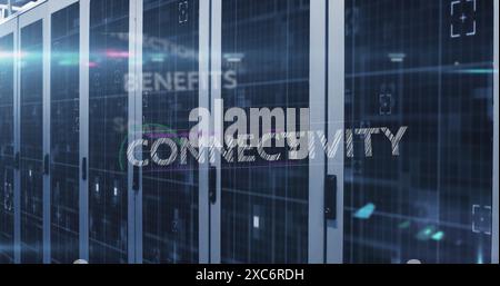 Image of business concept texts and light spot over computer server room Stock Photo