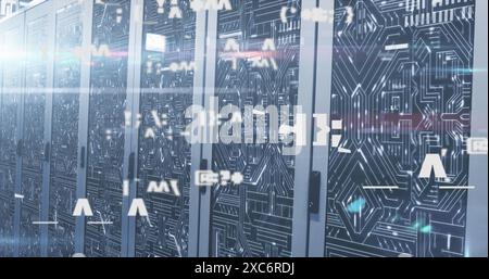 Image of changing symbols, light spot and microprocessor connections over computer server room Stock Photo