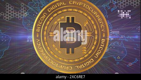 Image of data processing and world map over bitcoin Stock Photo