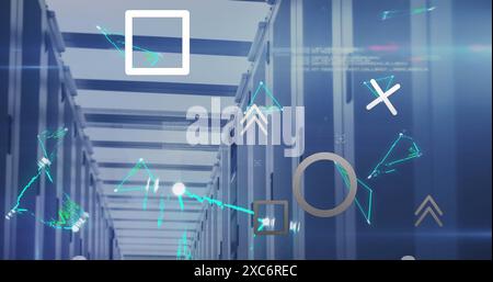 Image of abstract shapes, plexus networks and data processing over computer server room Stock Photo