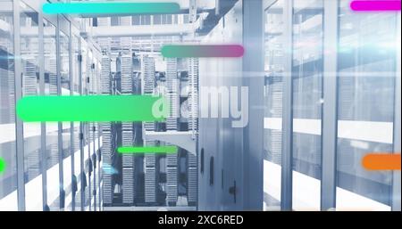 Image of colorful gradient light trails moving over computer server room Stock Photo