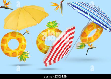 Summer party. Inflatable rings, beach umbrellas and flowers in air on light blue background Stock Photo