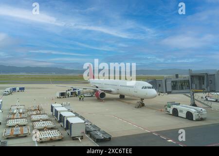 airplane at an airport gate, with ground handling activities taking place around it Stock Photo