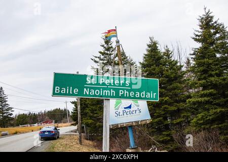 Welcome to St. Peter’s sign on NS 4 in Nova Scotia, Canada Stock Photo