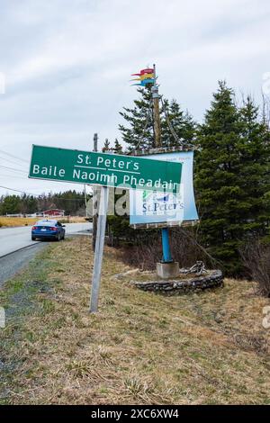 Welcome to St. Peter’s sign on NS 4 in Nova Scotia, Canada Stock Photo