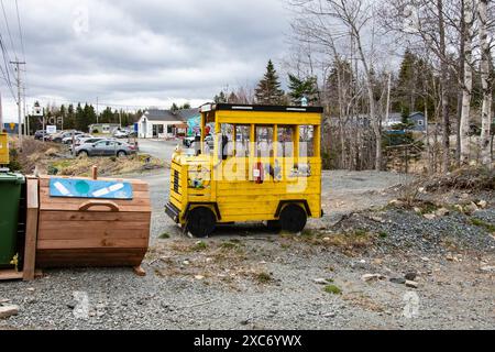 Miniature yellow school bus in Smiths Settlement, Nova Scotia, Canada Stock Photo