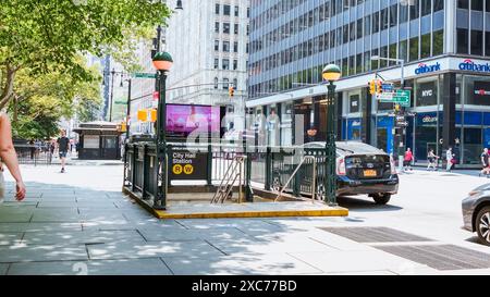 City Subway Station Kiosk on a Busy Urban Street Corner with Passing ...