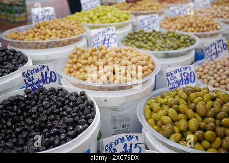 turkey istanbul 23 january 2024. Buckets of olives for sale street food market Stock Photo