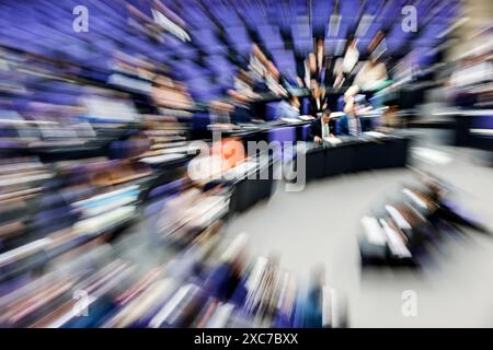 Zoom effect photo, Member of Parliament in the plenary hall of the German Bundestag, Berlin, 13 June 2024, Berlin, Berlin, Germany Stock Photo